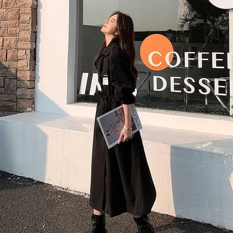 Black Trench Women British Style Buttons Drawstring Streetwear Fashion OL Casual Autumn Coats Warm Temperament Pockets DesignT251226