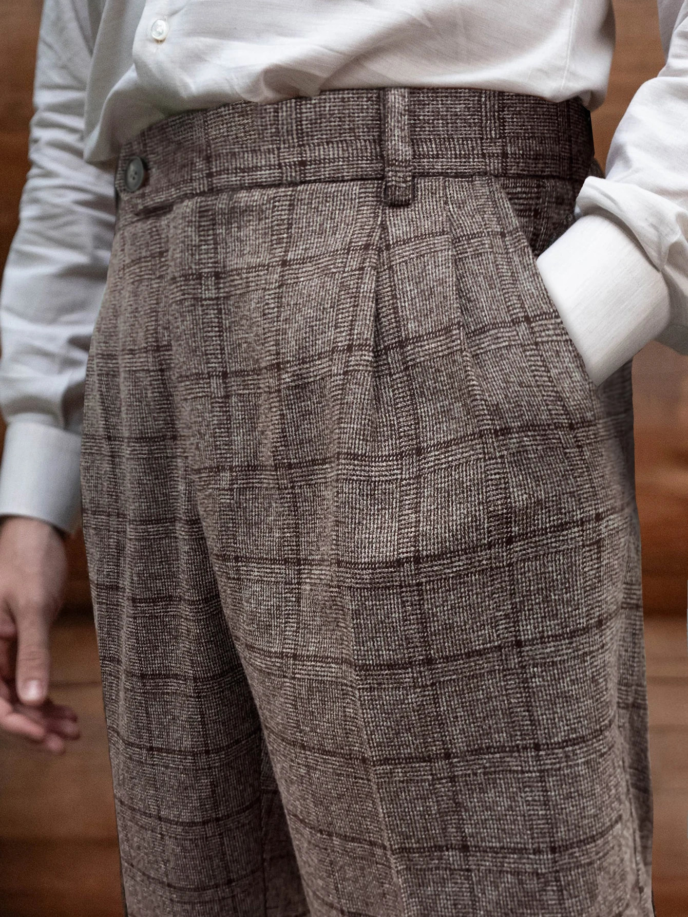 Mens Elegant Neapolitan Woolen Trousers Autumn Winter Style Slim Fit High Waist Straight Leg Dress Pants with Checkered But 251226