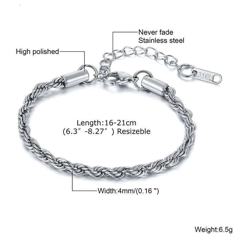 Vnox Unisex Rope Bracelets Men Women, Stainless Steel Twisted Links Chain Bracelet,Simple Classic Jewelry Gift for Him 25T1226