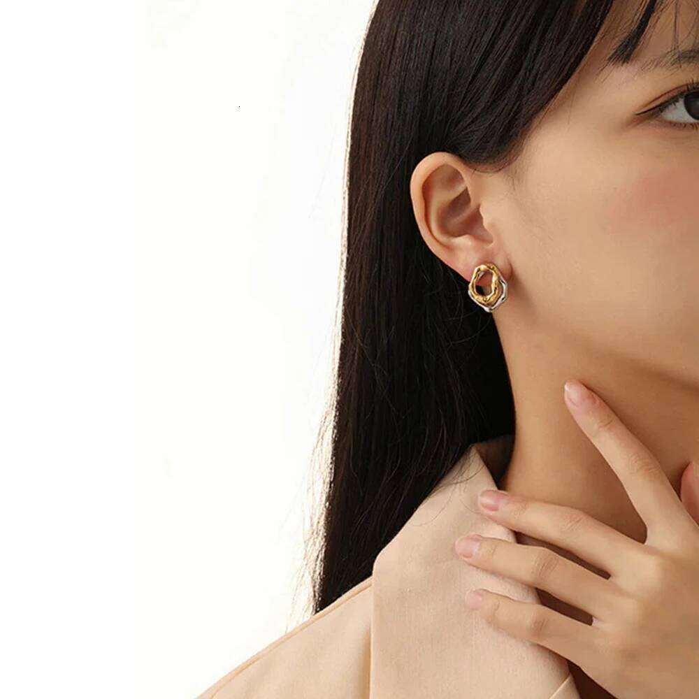 Geometric Stainless Steel Gold Sliver Color Bilayer Stud Earring for Women Irregular Metal Texture Fashion Jewelry Gift 25H1226