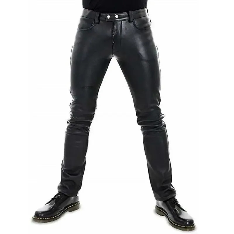 Mens Leather Pants Solid Color PU Motorcycle Elastic Leisure Punk Style Slim Fit Full Length Trousers 251226