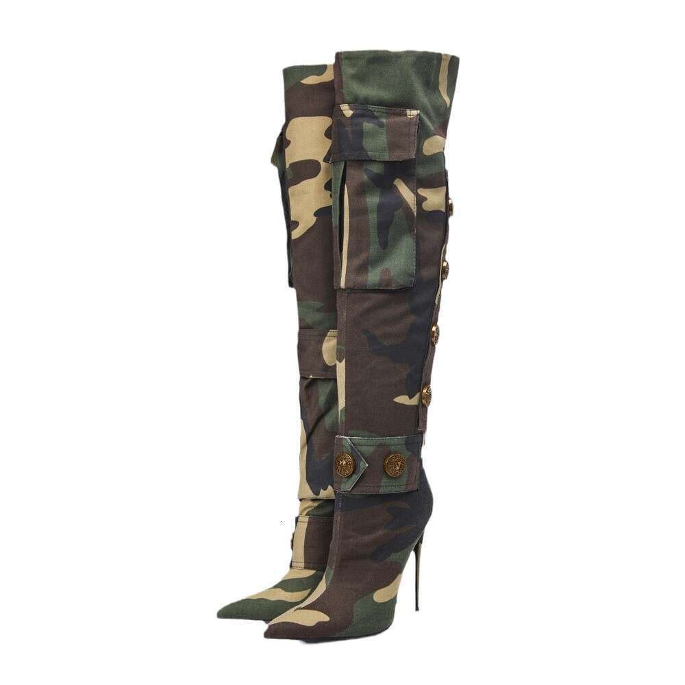 Over-the-Knee Pointed Toe High Heel Camouflage Rivet Cross-Border Fashion Large Size Motorcycle Women's Long Boots Trendy