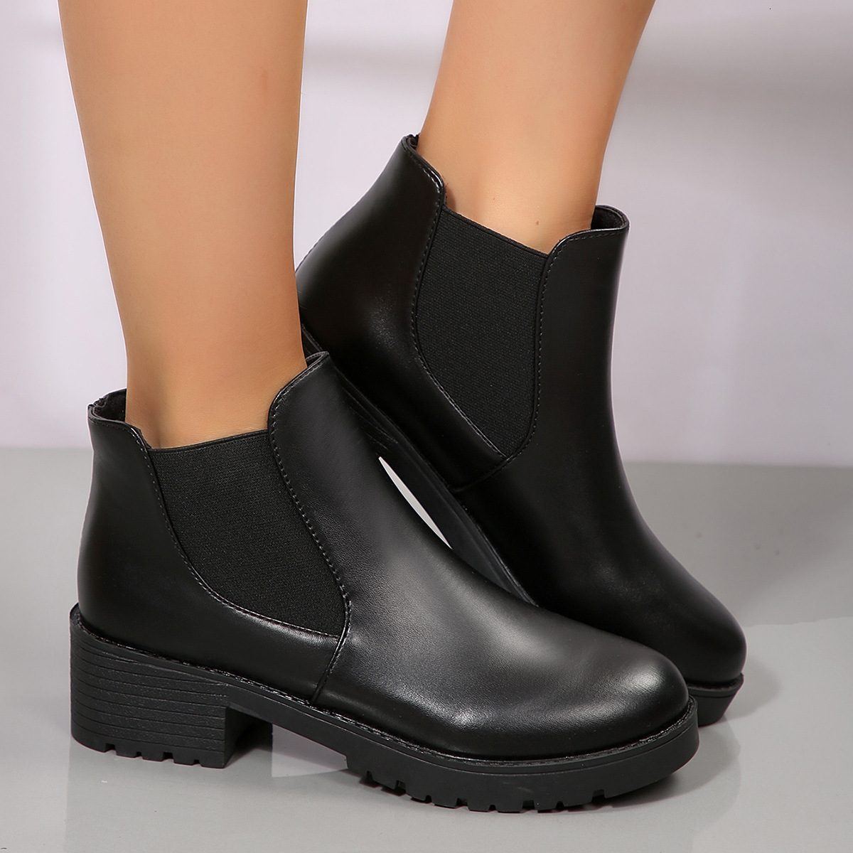 Foreign Trade Women's Short 2025 Autumn Winter New Square Mid Heel Elastic Band Leather European and American Round Toe Slip-On Sock Boots ddmysa