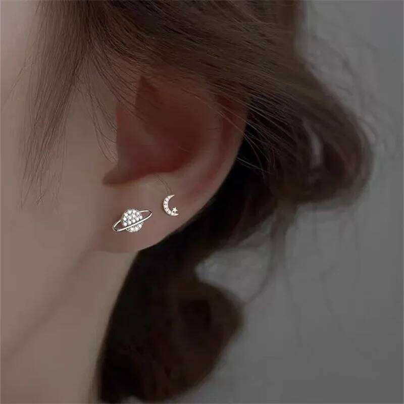 Simple Zircon Star Moon Stud Earrings for Women Gold/Silver Color Asymmetry Ear Pendants Fashion Jewelry 25H1226