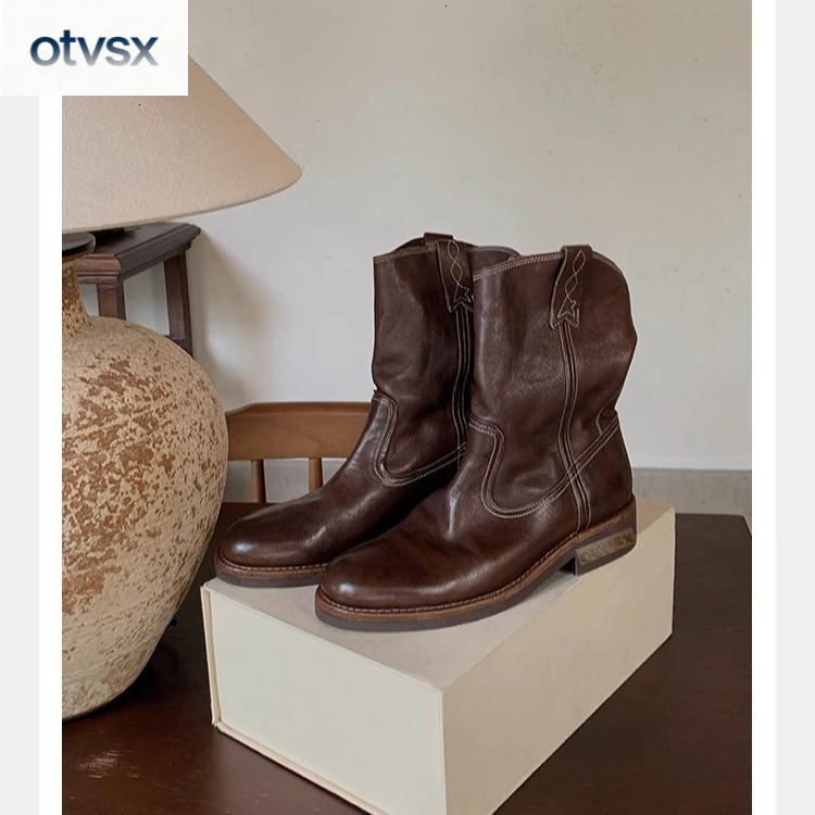Otvsx French niche design for autumn and winter, paired with leather V-shaped cut Western style boots, thick and elegant luxury women's boots