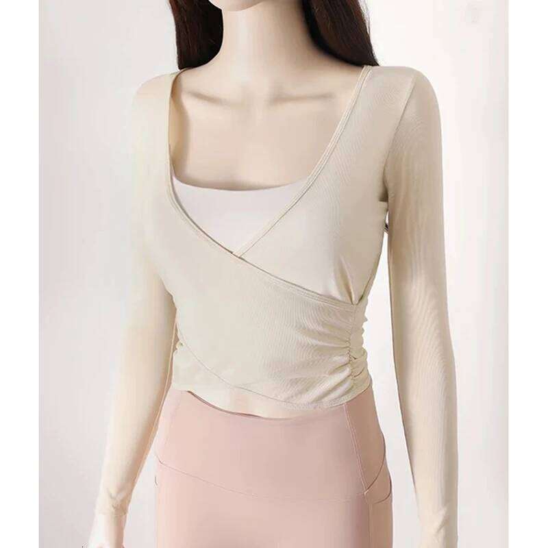 Quick Drying Yoga Sports Top V-Neck Cross Waist Mesh Breathable Fitness Long Sleeve Cover up for Women 25T1226