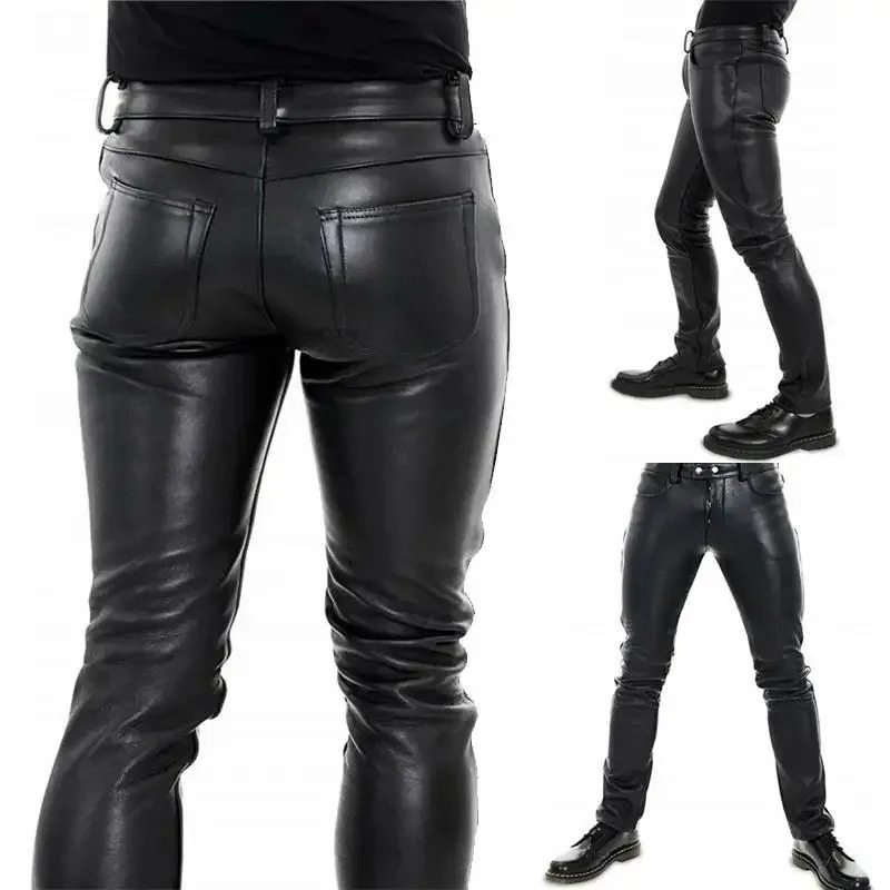 Mens Leather Pants Solid Color PU Motorcycle Elastic Leisure Punk Style Slim Fit Full Length Trousers 251226