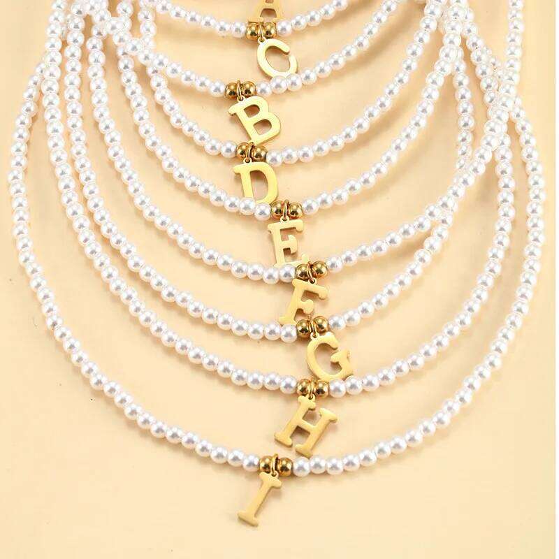Golden Letters Initial Pendant Necklace Diy Name Simulated Pearls Bead Necklaces for Women Pearl Woman's Choker Jewelry Gift