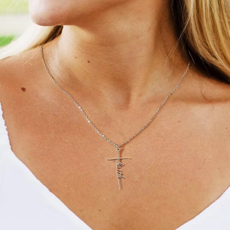 Designer Jewellery High Quality Stainless Steel Waterproof Silver Jesus Cross Pendant Name Carving Necklace for Men and Women Religious Gift Textured 