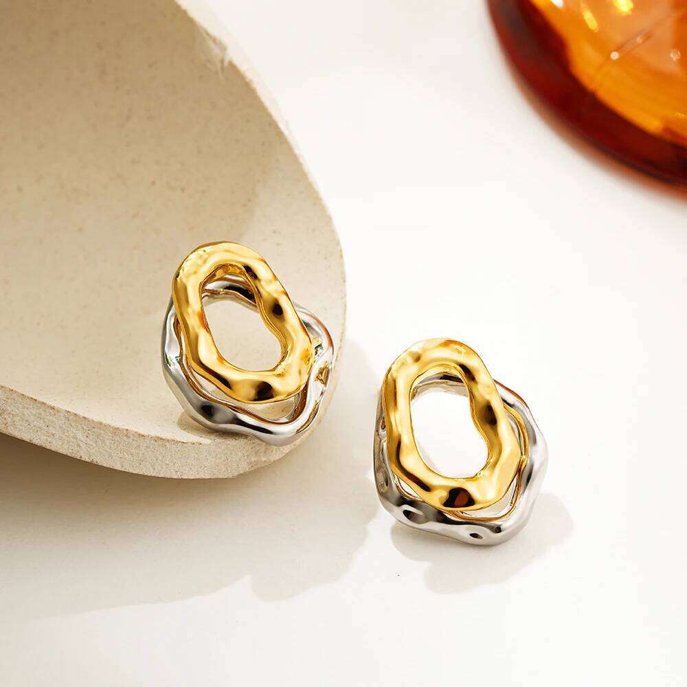 Geometric Stainless Steel Gold Sliver Color Bilayer Stud Earring for Women Irregular Metal Texture Fashion Jewelry Gift 25H1226