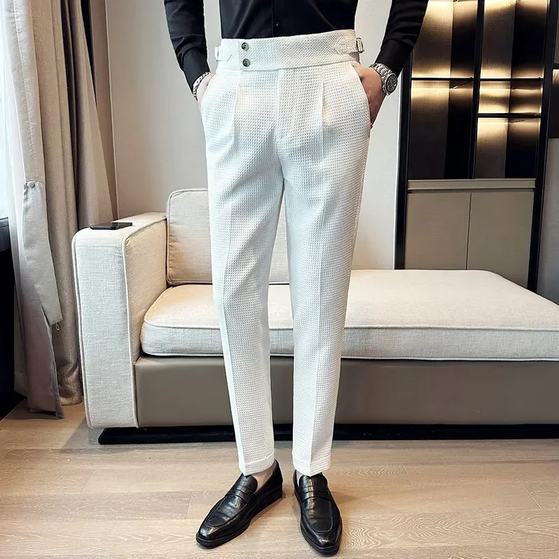 Autumn Winter Pantalones Hombre High waist Waffle Business Casual Suit Pants For Men Clothing Slim Fit Formal Wear Trousers 36 251226