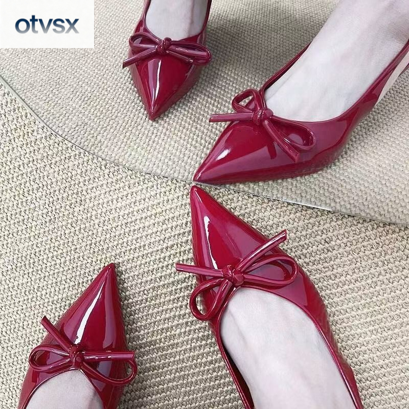 Otvsx Autumn New High Heels Fashion Sexy Style Elegant Bow Design Red Lacquer Pointed Design Luxury Women's High Heels