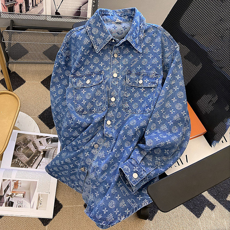 Womens Fashion Printed Jacquard Coats Autumn Winter Casual Long-Sleeved Jackets Loose Shirt Denim Jacket Coat Women