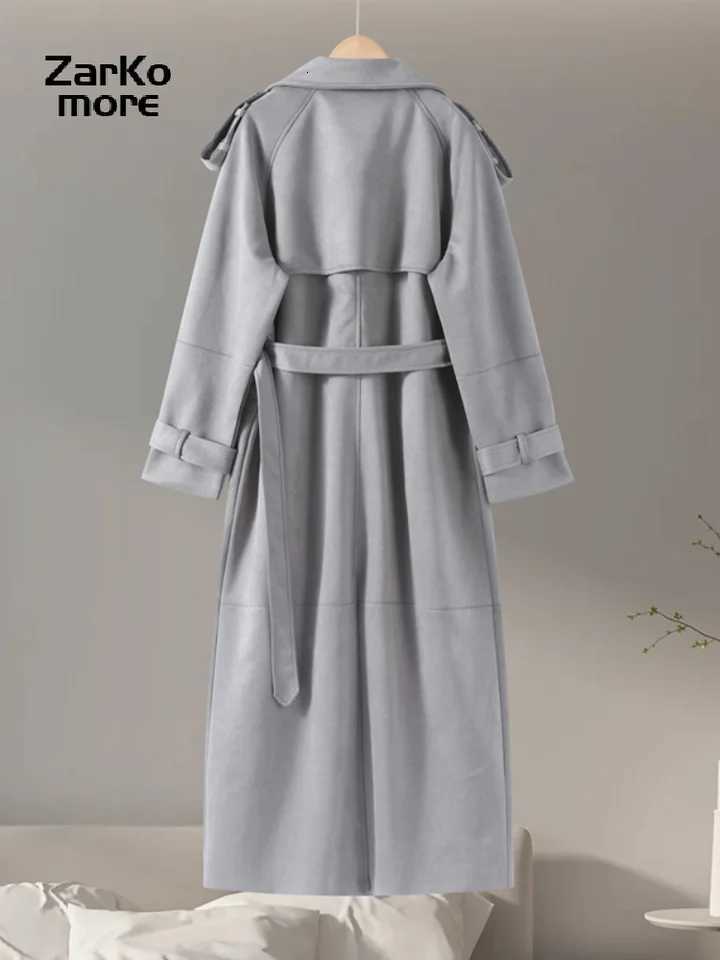 Chic Solid Belt Long Trench Coat Women Lapel Double Breast Full Sleeve Windbreaker 2025 Autumn Winter Lady Commute Coat NewT251226