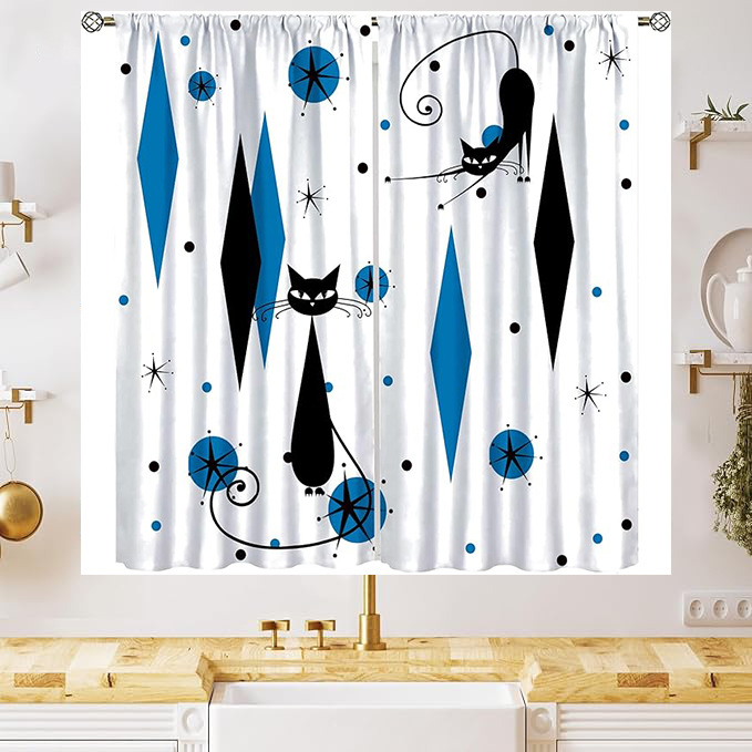 YL-38051 New Simple Geometric Pattern Cute Cat Print Curtain for Kitchens, Cafes, and Restaurants - Decorative Window Valance