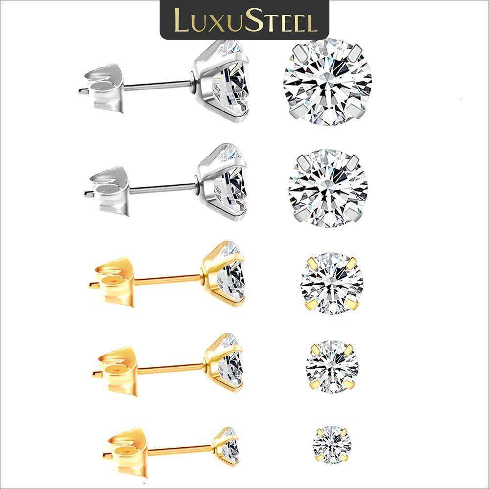 LUXUSTEEL 2Pcs Men's Crystal Zircon Studs Earrings For Women 316L Stainless Steel Cartilage Piercing Ear Anti Allergic 3-8mm 25H1226