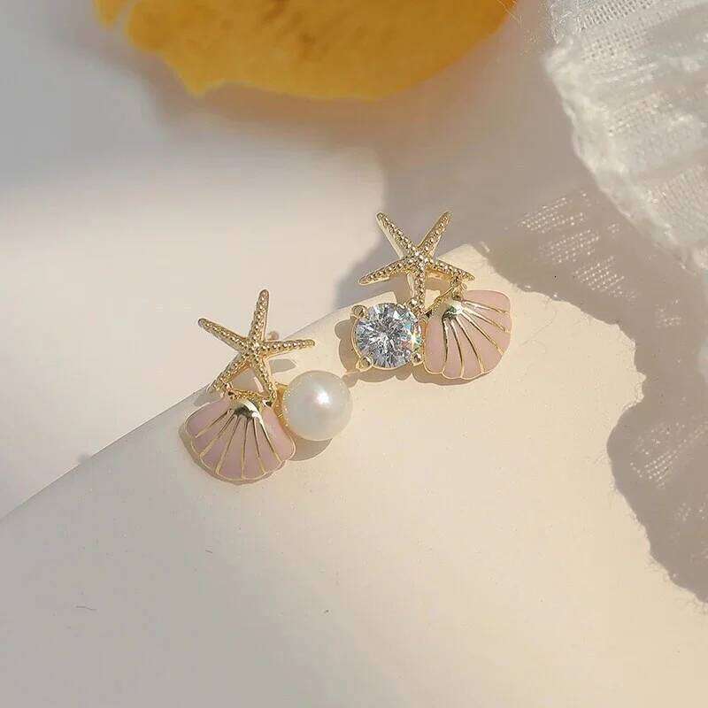 Fashion Asymmetric Ocean Style Earrings Stud For Women Starfish Shell Earring Ear Ring Imitation Pearl Zircon Jewelry Gift 25H1226