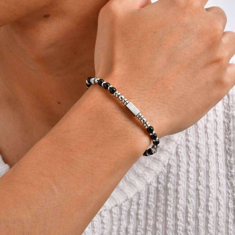 Crystal Wheel Beaded Bracelet for Men Boys,Stainless Steel Tube Natural Stone Wristband,Stylish Bohemian Jewelry Gift 25T1226