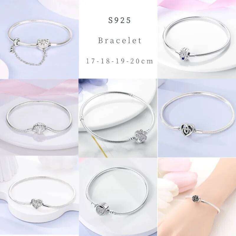 Pink Love Heart Silver 925 Bracelet Original Bracelets Zircon Cat Paw Snake Chain For DIY Charms 17-20CM Wedding Jewelry Gifts 25T1226