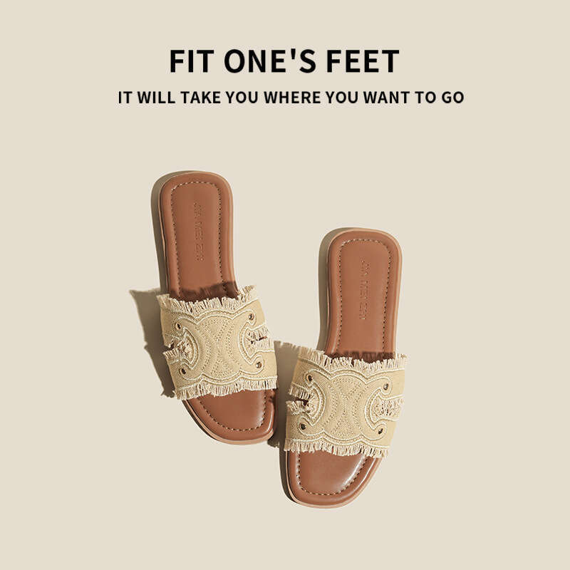 2025 New Genuine Leather Denim One-Strap for Women Summer Outdoor Flat Half Slippers French Style Small Sandals