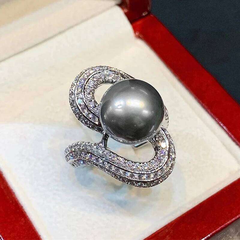 Huitan Luxury Women Rings Black Simulated Pearl Finger Accessories Party Holiday Unique Design Inlaid Shiny CZ Fashion Jewelry