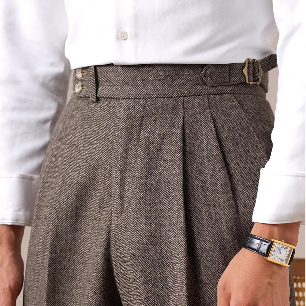 Autumn Herringbone Dress Pants For Men Naples Mens Wool Blend High Waist Social Casual Versatile Long Office Trousers 251226