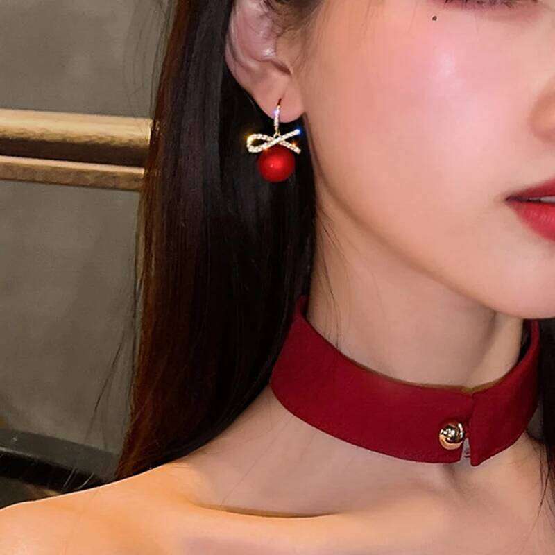 Red Zircon Crystal Bow Stud Earrings For Women Heart Shape Bowknot Christmas Earring Girl New Year Festival Jewelry 25H1226