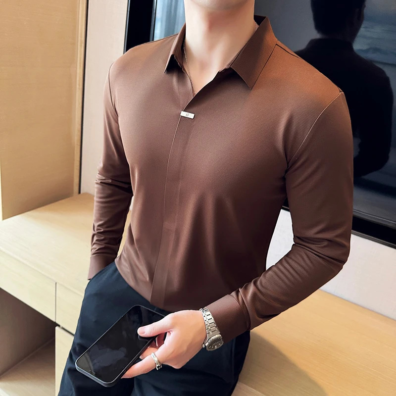 High Elastic V-neck Non-marking POLO Shirt Autumn Long sleeved Casual Business Solid Color T-shirt Mens Clothing 251222