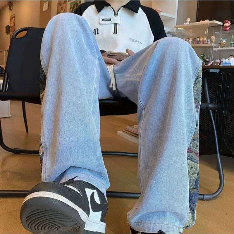 2023 Embroidered Bear Jeans Men's Spring Fall Straight Loose Plus Wide Leg Fashion Brand American High Street Casual Pants