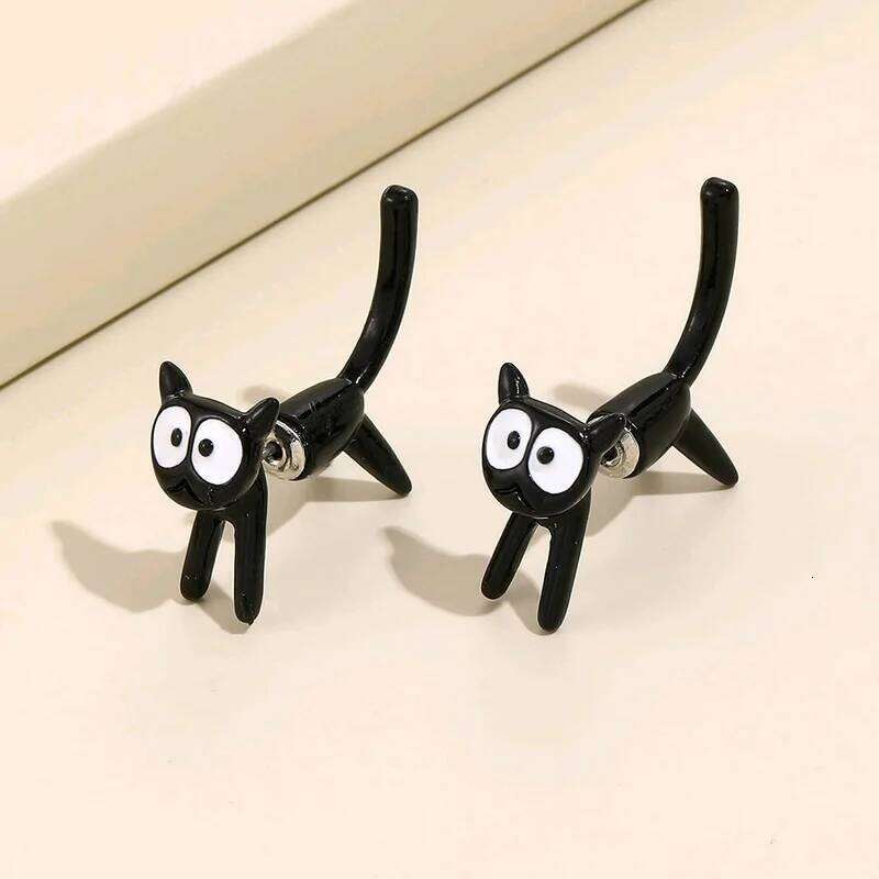 1 Pair Cute Black Cat Stud Earrings for Women Front Back Animal Jewelry Punk Fashion Statement Friendship Piercing Party Gift 25H1226