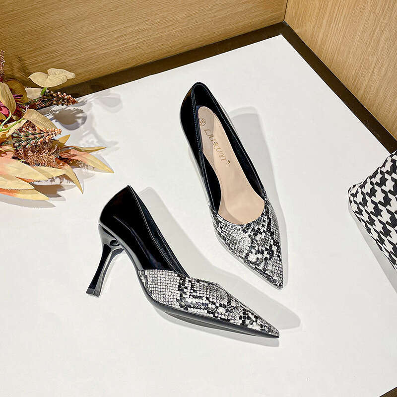 31-44 Small Size Snake Pattern Pointed Toe Black 7.5cm Heels Shallow Mouth Stiletto Fashion size 12 womens shoes