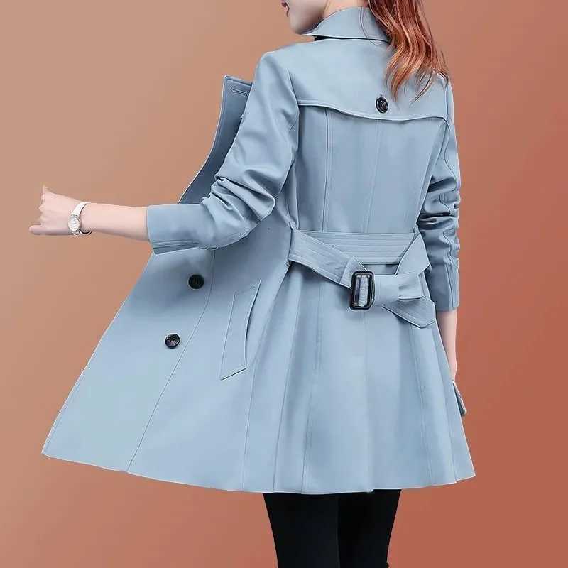 2025 New Trench Coat Midi Length Fashion Korean Elegant Khaki Black Loose Womens Windbreaker Coat Casual Double Breasted TopsT251226