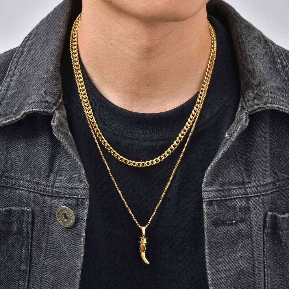 Trendy Horn Necklace for Men Boys,Gold Color Stainless Steel Tiger Eye Stone Layered Necklace,Dainty Male Jewelry Set Gift 25N1226