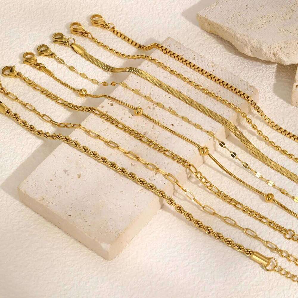 Non Tarnish Stainless Steel Stackable for Women, Thin Herribone Chain Bracelet Waterproof Gold Plated Jewelry 25T1226