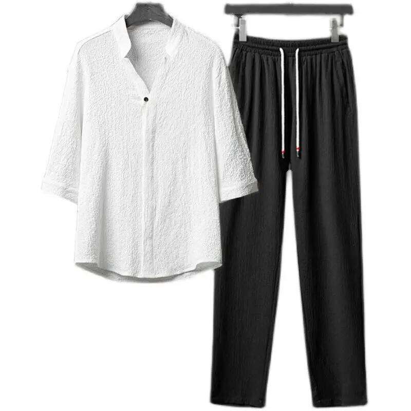 New 2025 Men's Sportswear Set Thin Casual Summer V-Neck Slim Fit Seven Sleeve Ordinary Chinese Style Male Suit