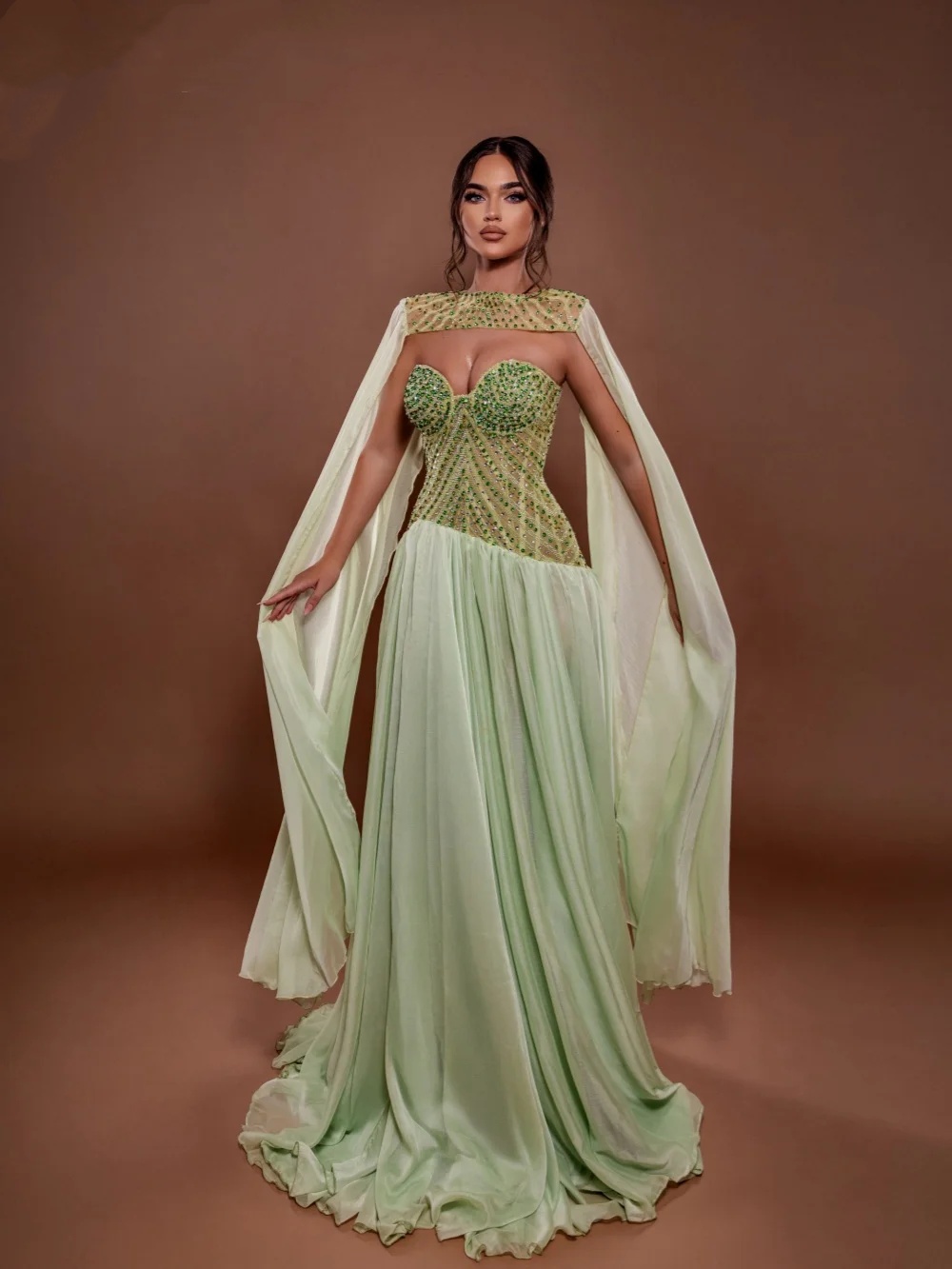 Stylish Evening Dresses Strapless Rhinestone Prom Dress with Cape A Line Sleeveless Customized Party Gowns Vestidos De Noche Plus Size