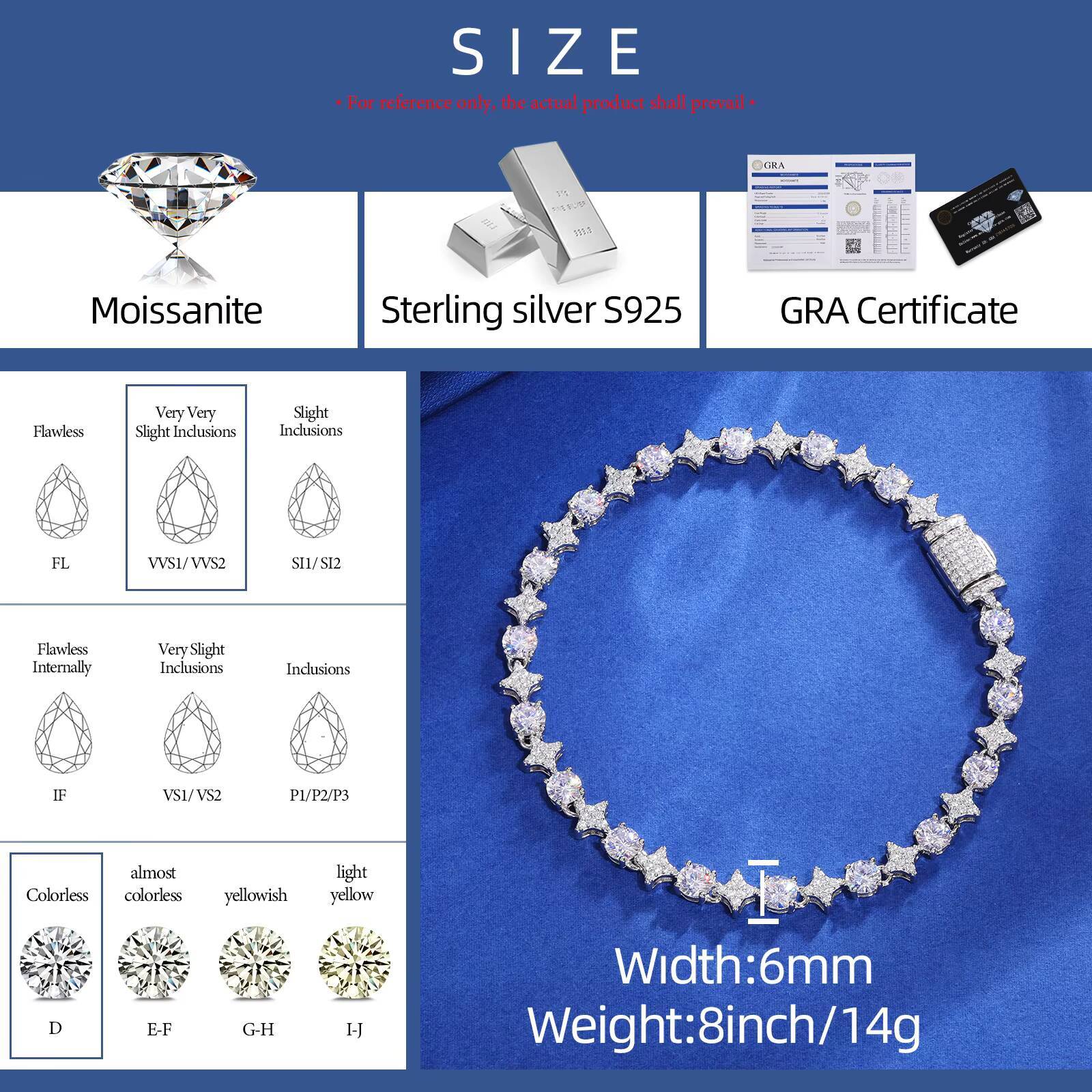 Sparking Moissanite Tennis Chain Bracelet 6mm 8mm 925 Sterling Silver Round Moissanite Diamond Star HaloTennis Bracelet