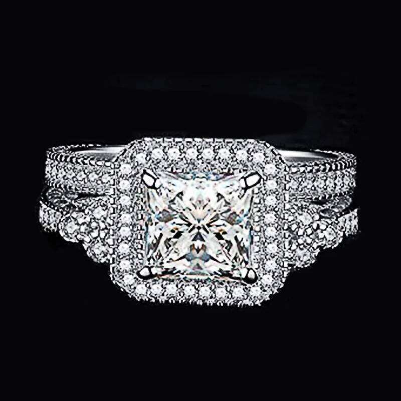 Huitan 2Pcs Set Cubic Zirconia Wedding Rings for Women Luxury Princess CZ Silver Color Engagement Band Party Fashion Jewelry