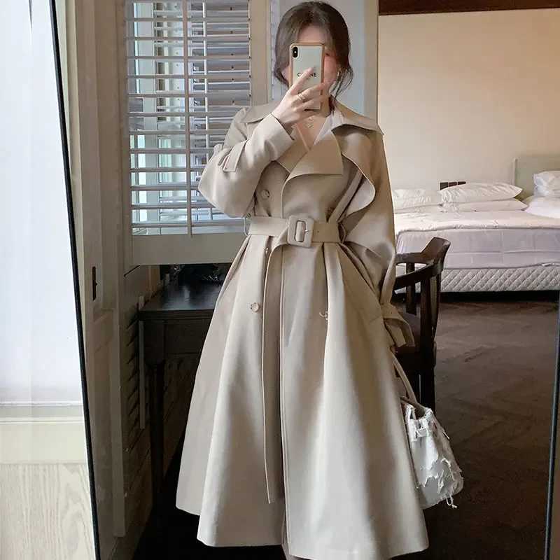 Women High-end Khaki Trench Coat Spring Autumn New Ladies Cloak Wear A Belt Satin Fabric Lined Trench Coat Female WindbreakersT251226