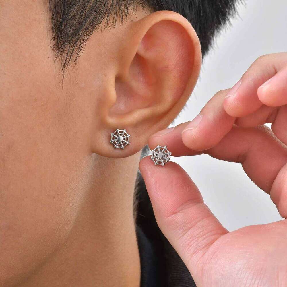 Spider Web Stud Earring for Men Women,Silver Color Stainless Steel Piercing Earring,Halloween Jewelry Gift 25H1226