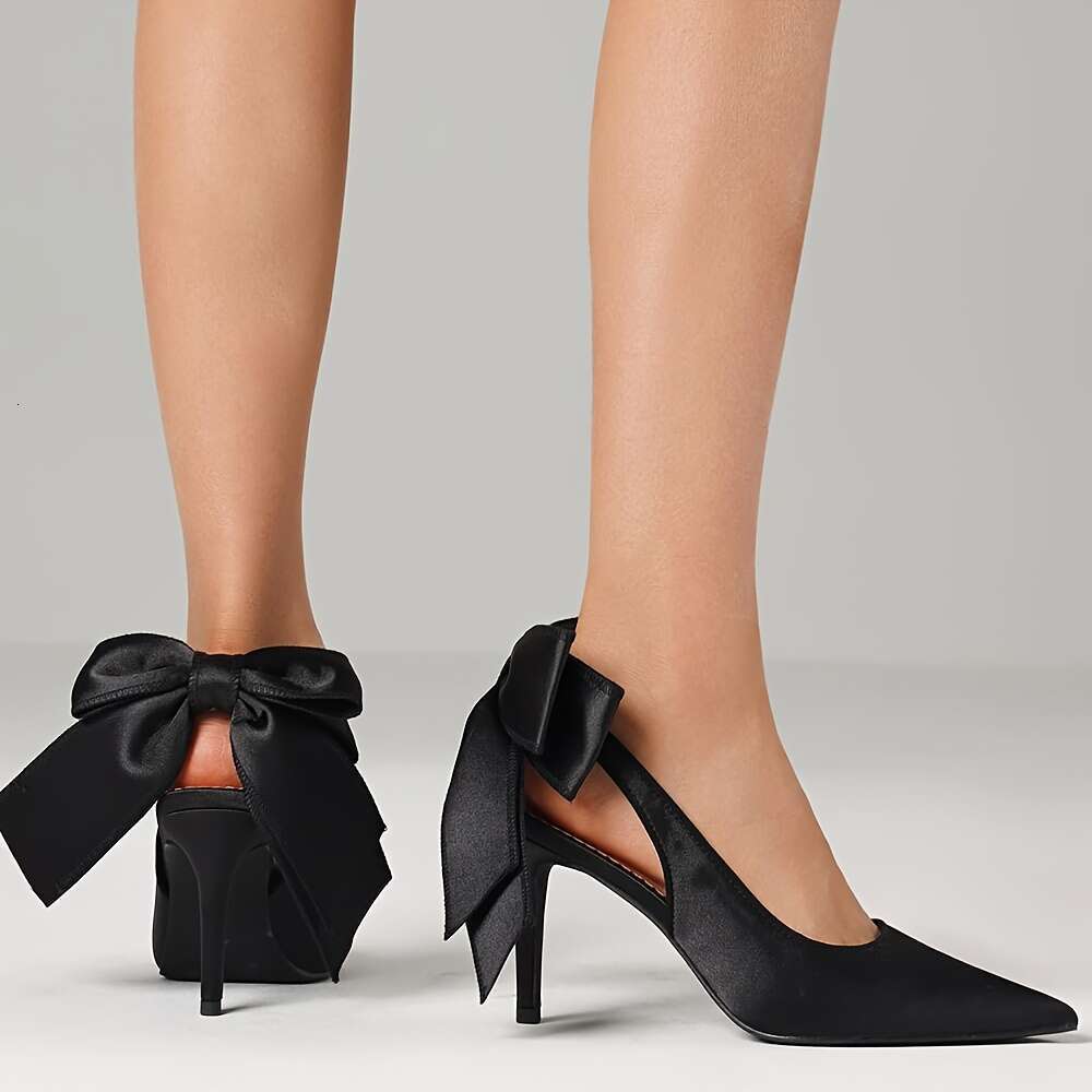 Wedding For Bridal Satin Back Heels Closed Pointed Toe Stiletto High Heel Pumps Slip On Dress Shoes Bow Design Versatile Woman Footwear MOJIDASHU