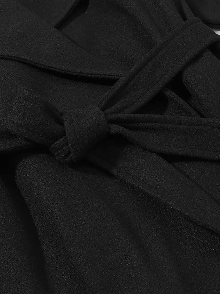 European style new womens fashionable and versatile solid color belted long-sleeved short woolen trench coatT251226