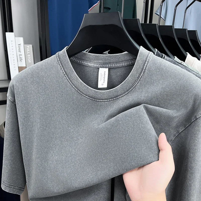 American Style Retro Heavyweight Solid Color Short Sleeved T-shirt Men Women Summer Street Trendy Washed Old Oversized Clothes 251222