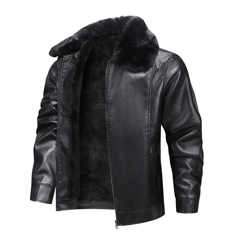 Thickened Fleece Warm Mens Leather Jacket Fur Collar Waterproof Windproof Coat Business Winter Outerwear 251225