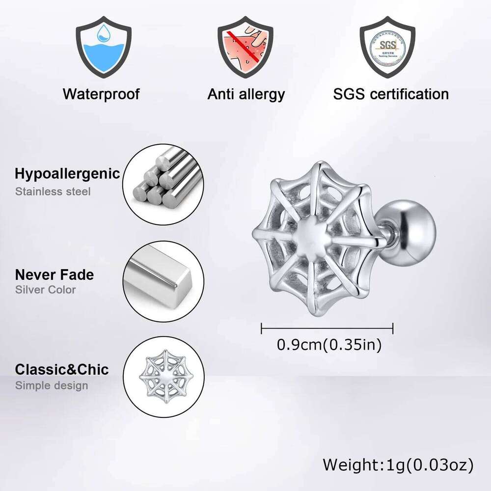 Spider Web Stud Earring for Men Women,Silver Color Stainless Steel Piercing Earring,Halloween Jewelry Gift 25H1226