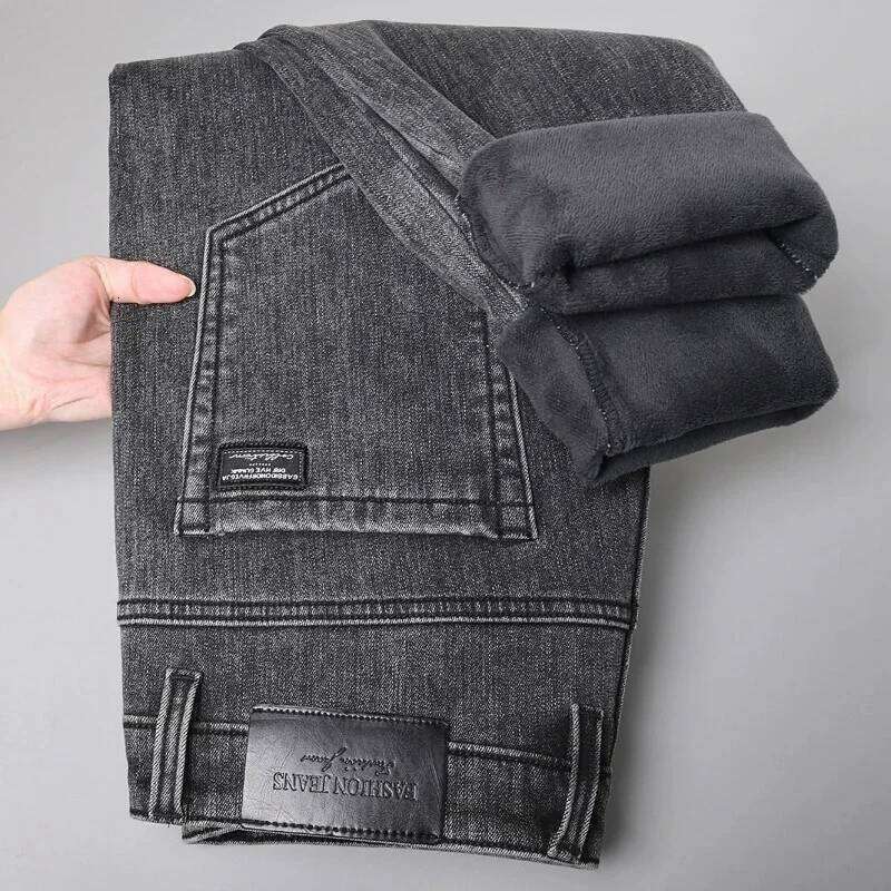 Winter Warm Men's Slim Straight Elastic Denim Pants Casual Male Clothing Plush Trousers New Hot Sale Fashion Jeans 25T1225