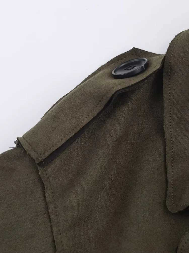 European style new womens fashionable and versatile solid color long trench coat with belt and suede effectT251226