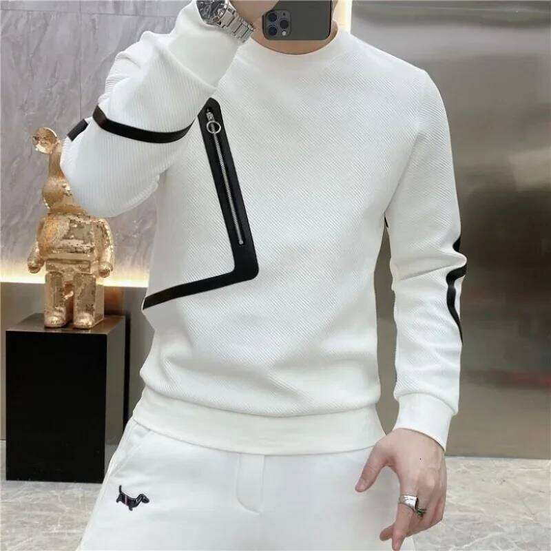 Men's Fashion Trend Zipper Patchwork Contrast Color T-Shirt Spring Autumn Casual Loose Long Sleeve Pullovers Tops Male Clothes