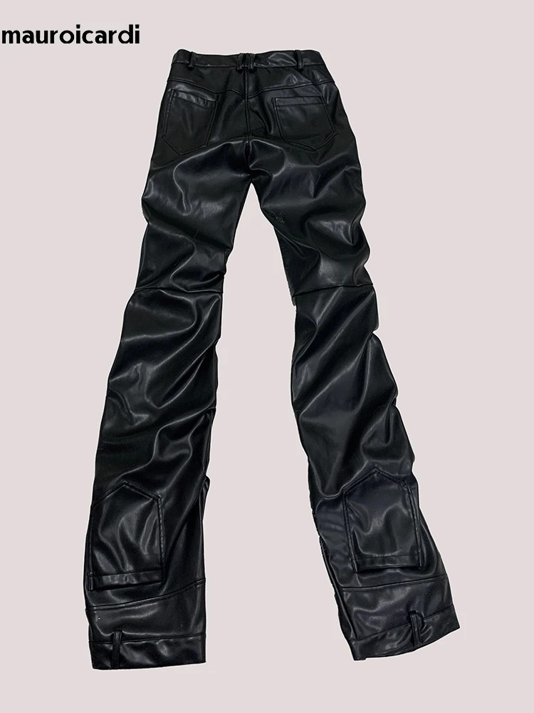Mauroicardi Spring Long Fitted Ruched Skinny Soft Matte Black Pu Leather Stacked Pants Men y ner Punk Style Clothing 251226