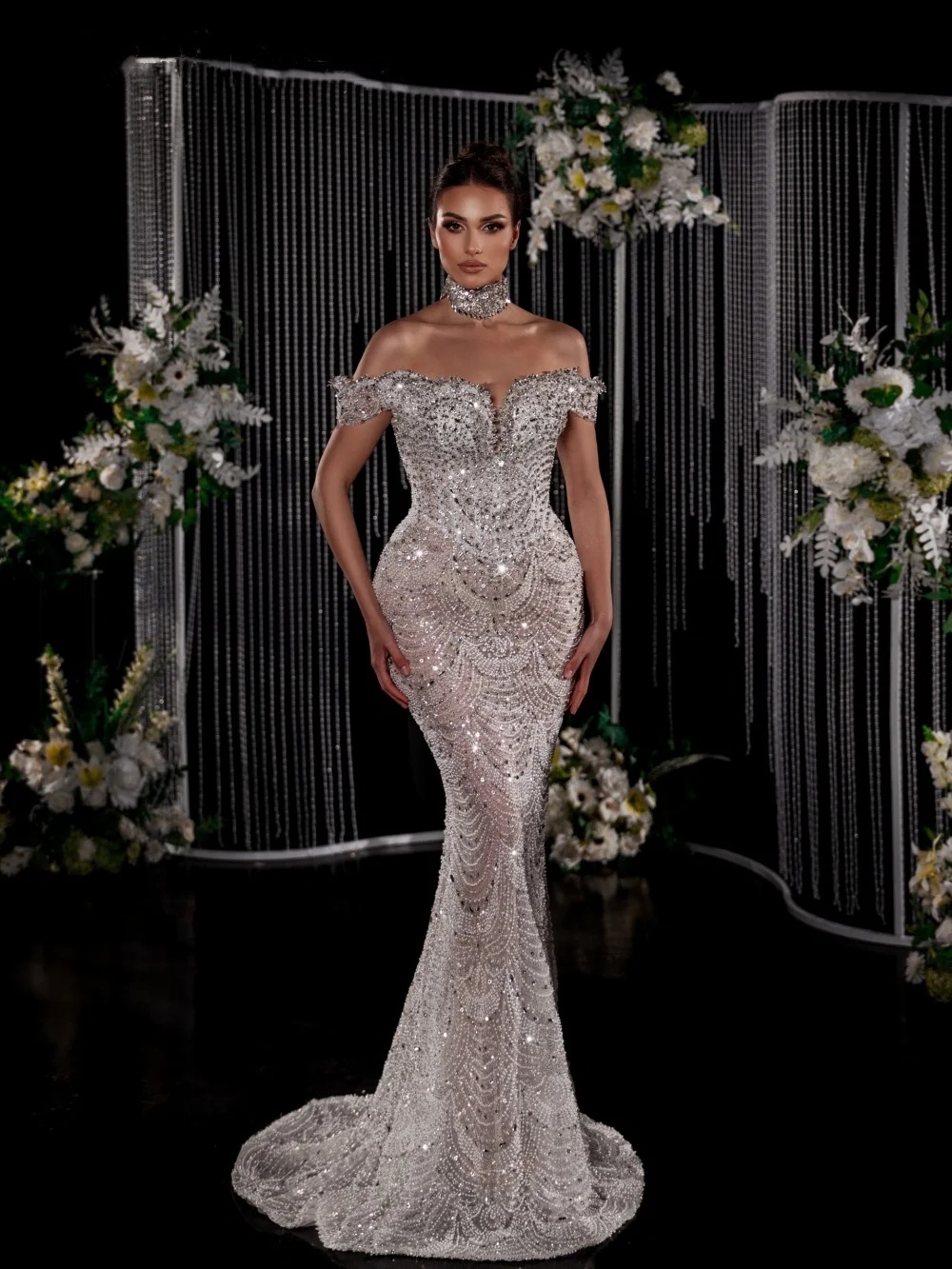 Exquisite Off Shoulder Wedding Dresses Beading Mermaid Bridal Gowns Pearls Rhinestone Illusion Customized Vestidos De Novia Plus Size